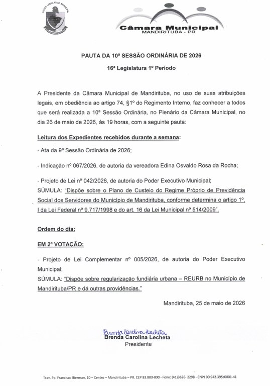 PAUTA DA 10ª SESSÃO ORDINÁRIA DE 2026