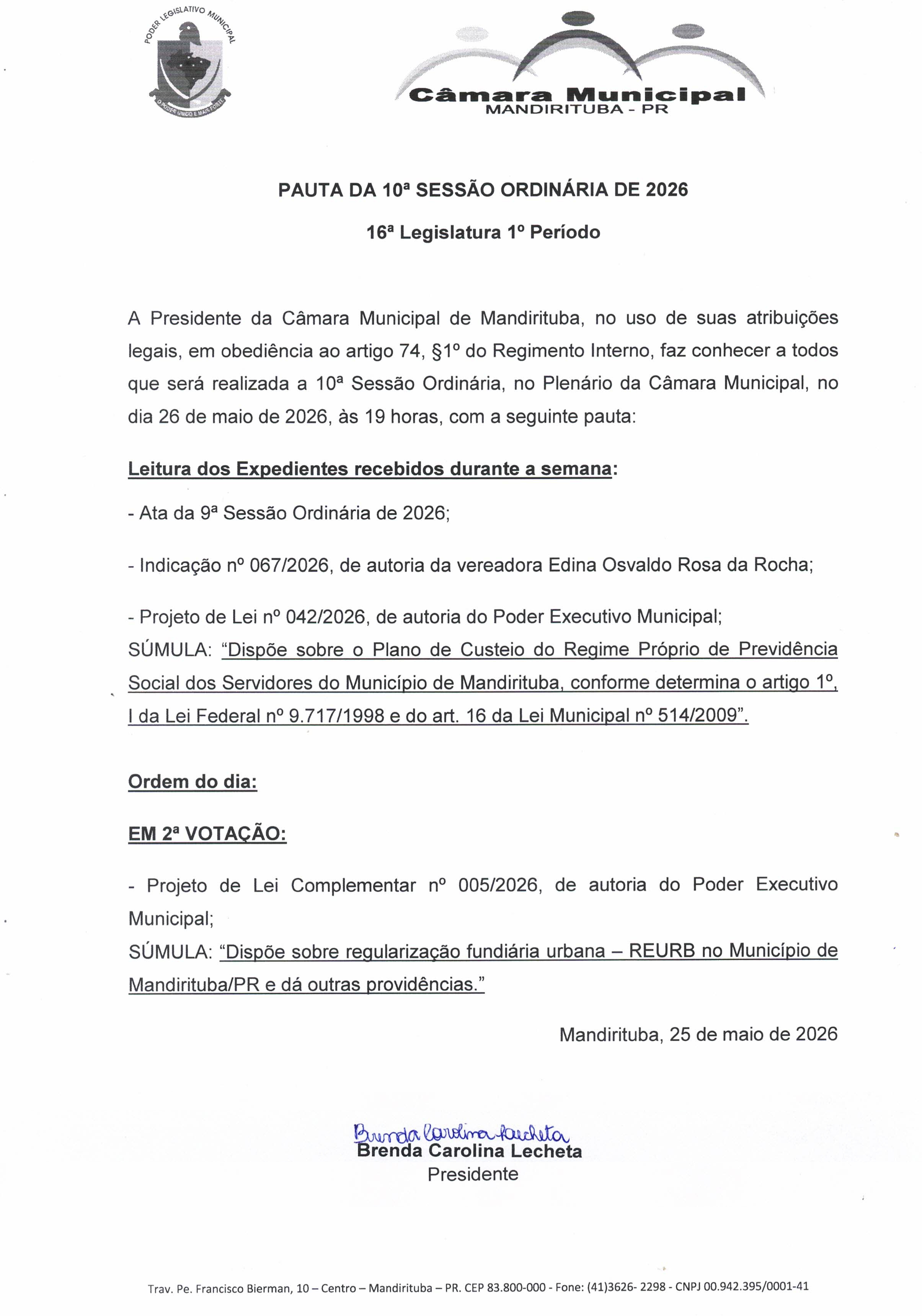 PAUTA DA 10ª SESSÃO ORDINÁRIA DE 2026
