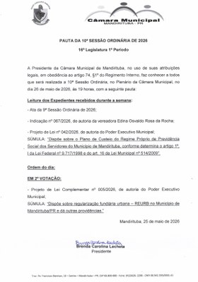 PAUTA DA 10ª SESSÃO ORDINÁRIA DE 2026